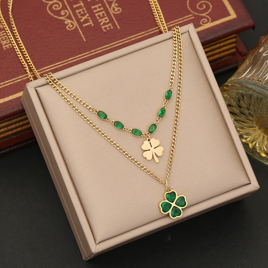 Light luxury emerald flower necklace, fashionable stainless steel double layer chain