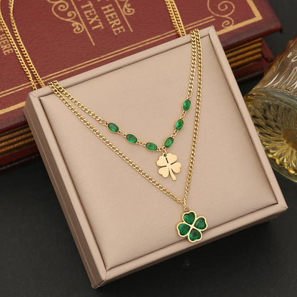 Light luxury emerald flower necklace, fashionable stainless steel double layer chain