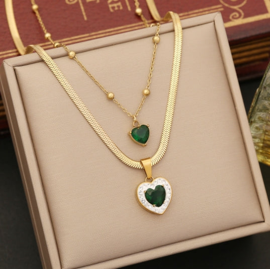 Light luxury emerald flower necklace, fashionable stainless steel double layer chain