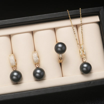 Shell pearl set jewelry three-piece female fashion temperament is round bright light beaded necklace pendant ring earrings