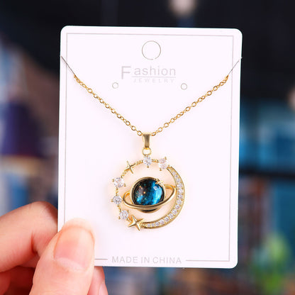 Stainless Steel Starry Sky Planet Astronaut Necklace For Women Light Luxurious Temperament Star Metal Chain Jewelry