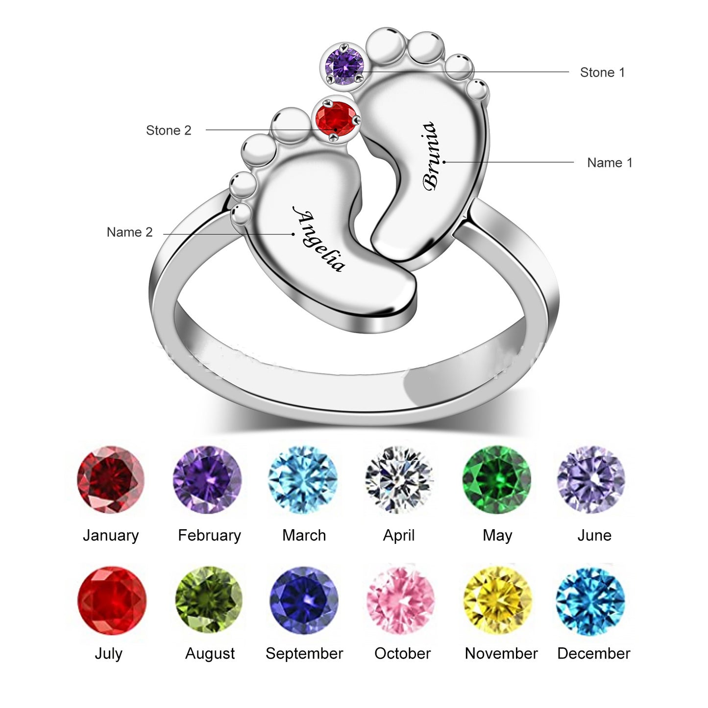 Personalized jewelry s925 cross-border wholesale baby footprint ring Birthstone ring footprint engraved hand jewelry