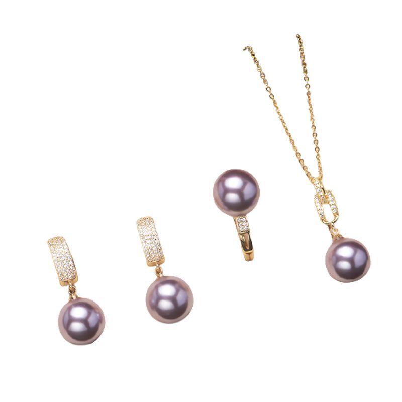 Shell pearl set jewelry three-piece female fashion temperament is round bright light beaded necklace pendant ring earrings